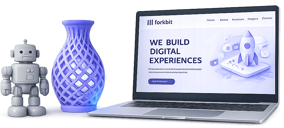 Vase, laptop and robot on gradient background